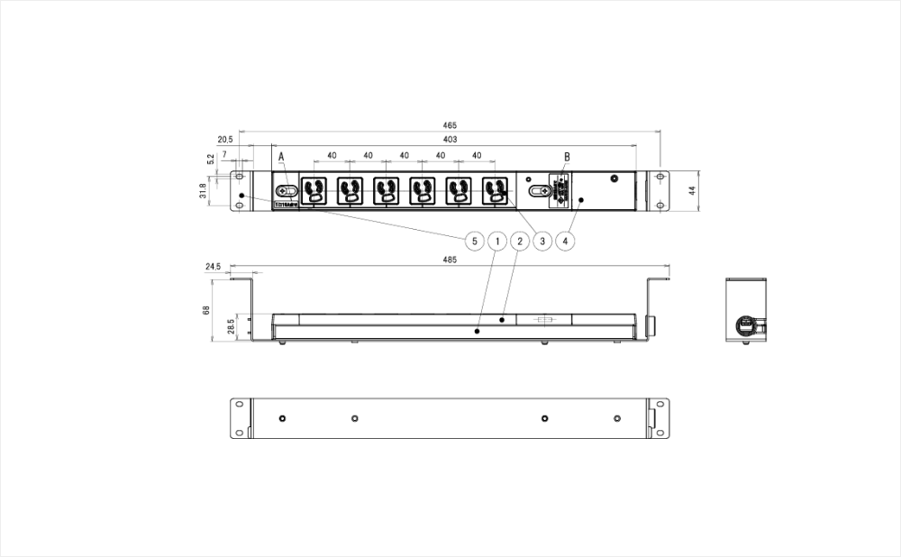 コンセントバー（PDU） 125V 15A 6口　1Uタイプ